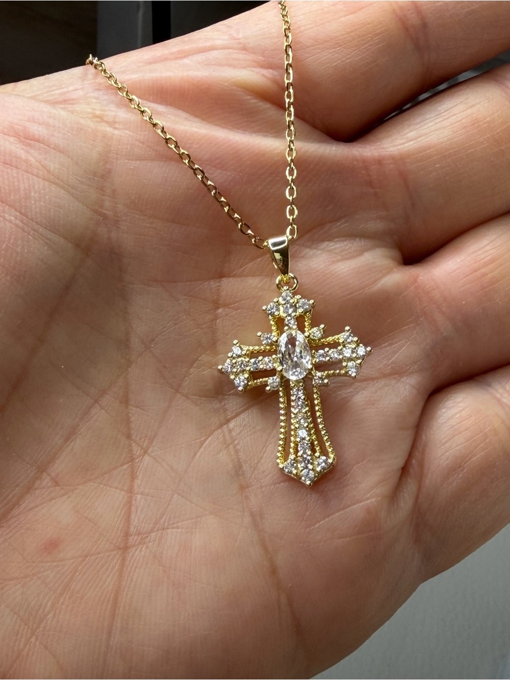 14K GF Dainty Gold Cross Pendant Necklace with Clear CZ